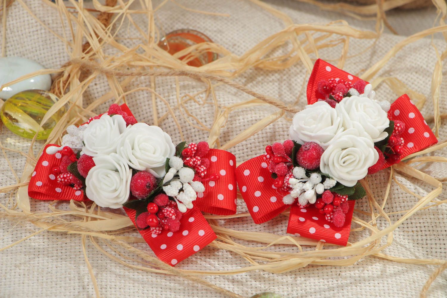 Set of 2 handmade decorative hair bands with red bows with white flowers photo 1