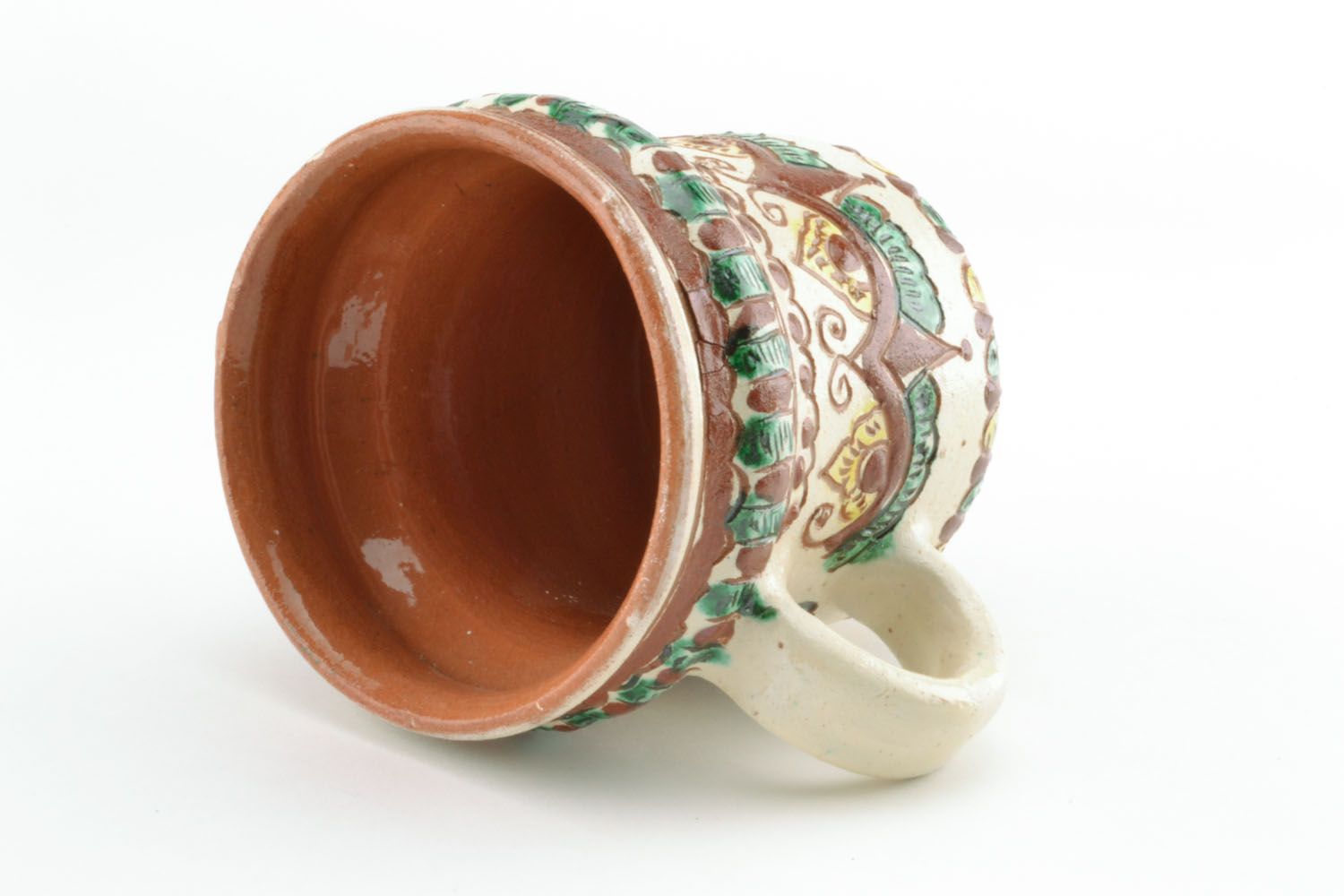 Decorative cup with ethnic green, cherry, beige colors' and a handle photo 4