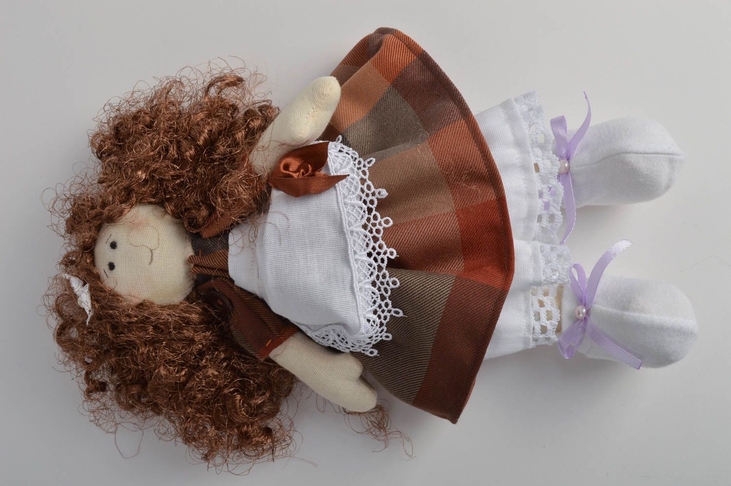 Handmade designer interior fabric soft doll little girl in brown and white dress photo 2