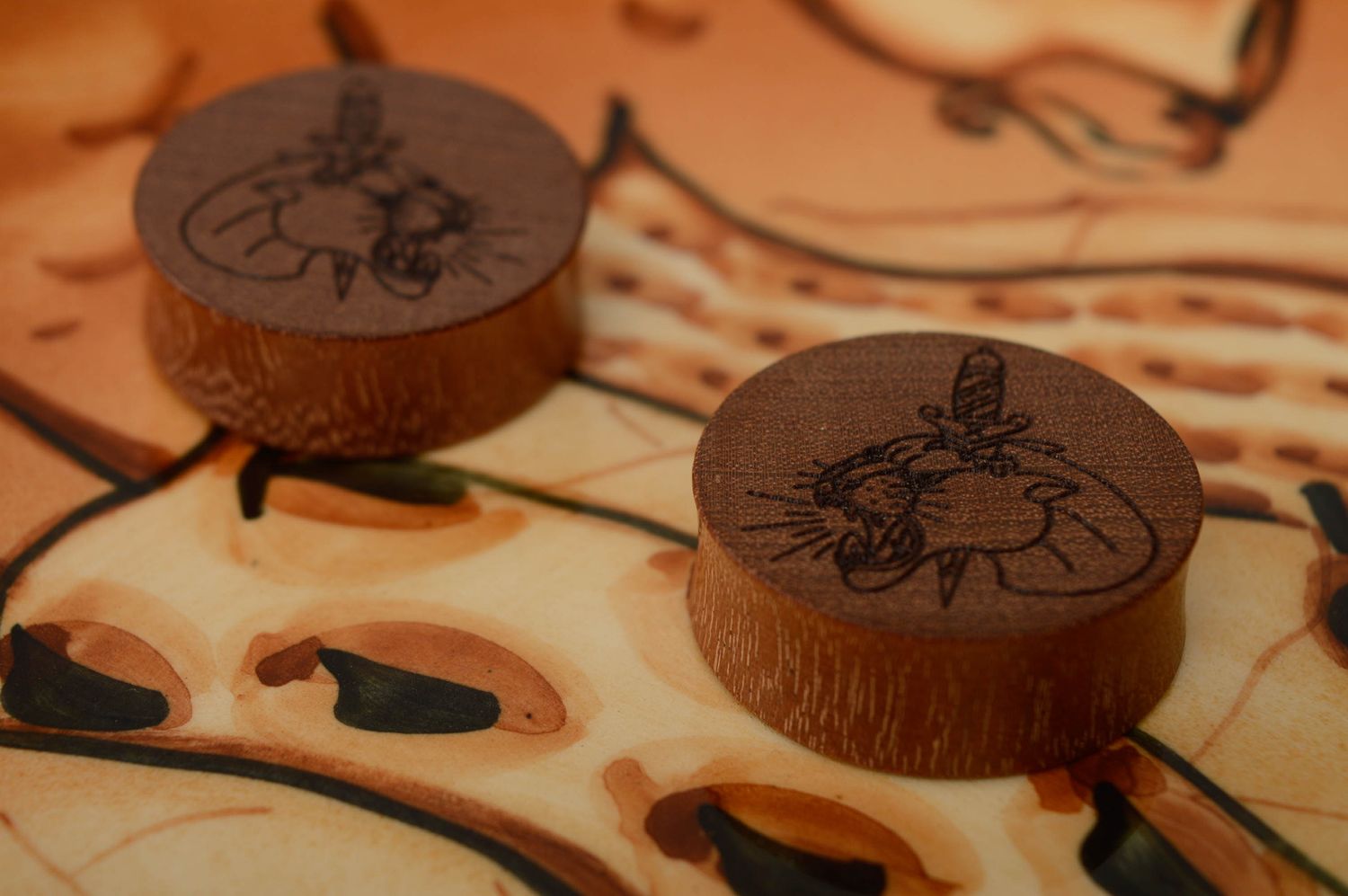 Handmade wooden ear plugs with engraving photo 1