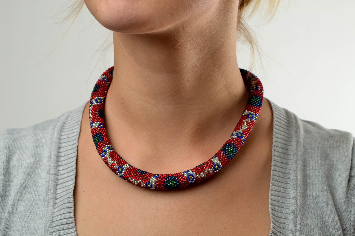 Handmade designer necklace unusual beaded cord necklace elegant jewelry photo 1