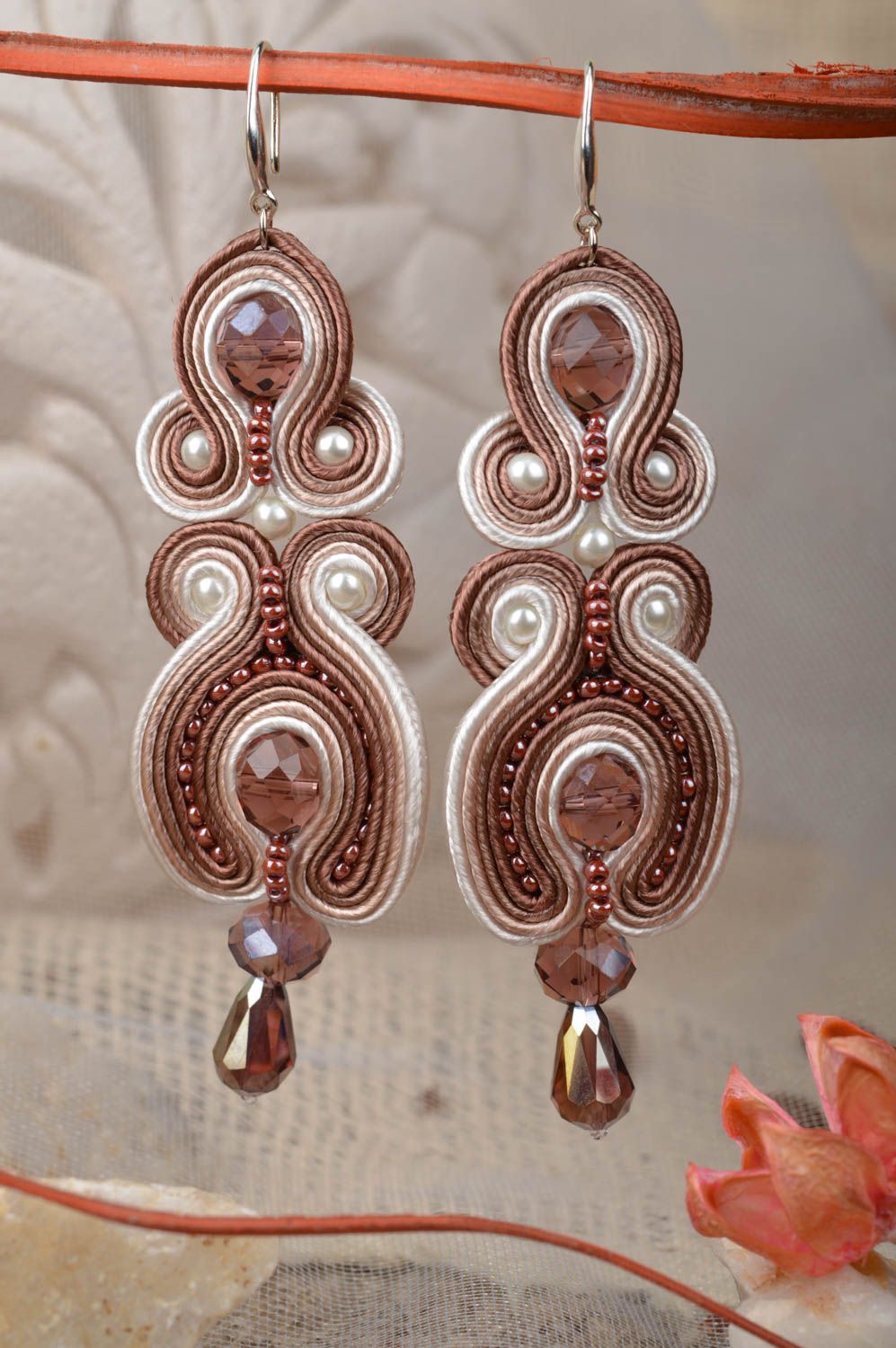 Beautiful handmade long soutache earrings with beads and crystals photo 1