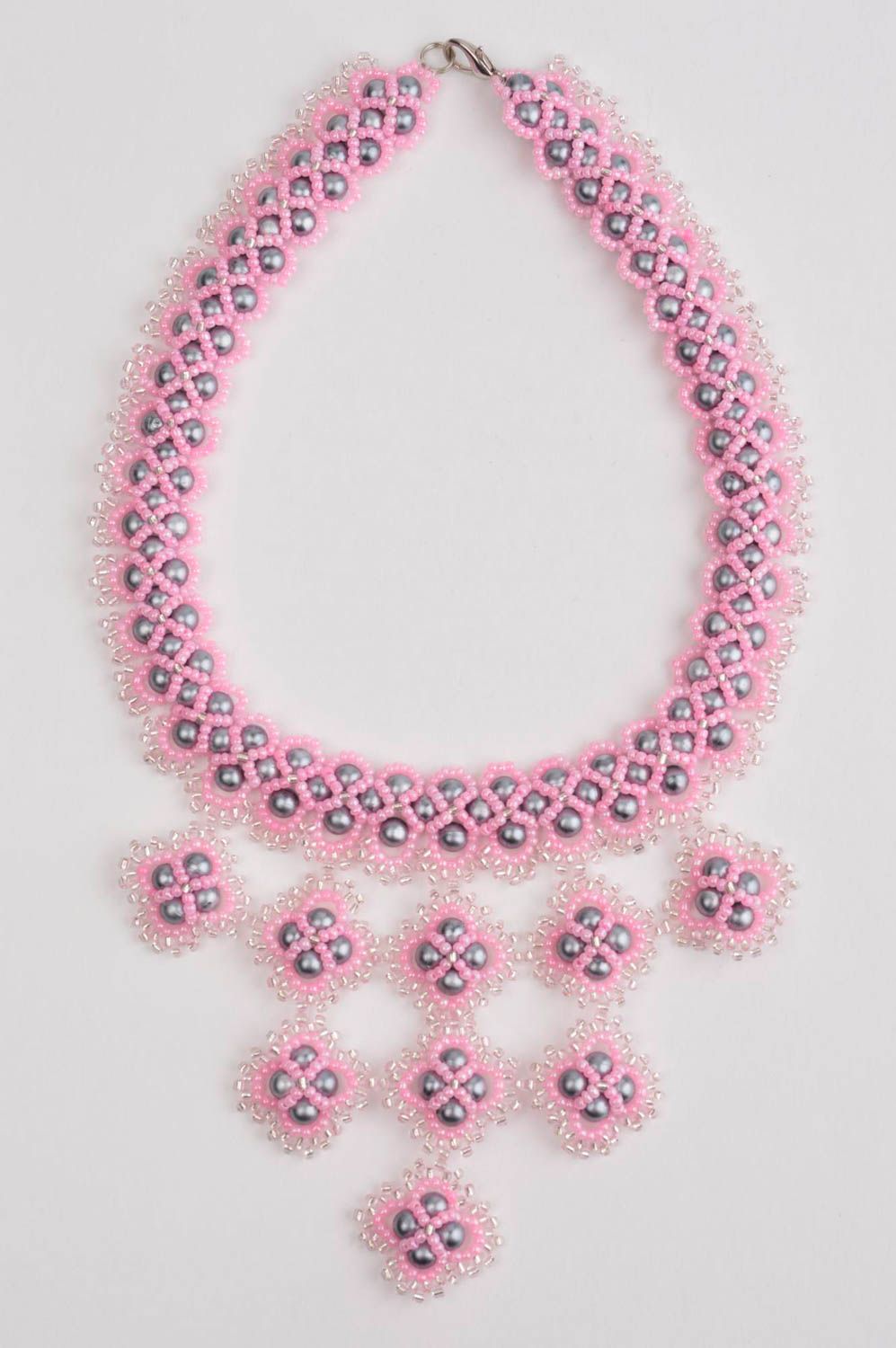 Розовое украшение ручной работы колье из бисера бусы из бисера и бусин авторское фото 4