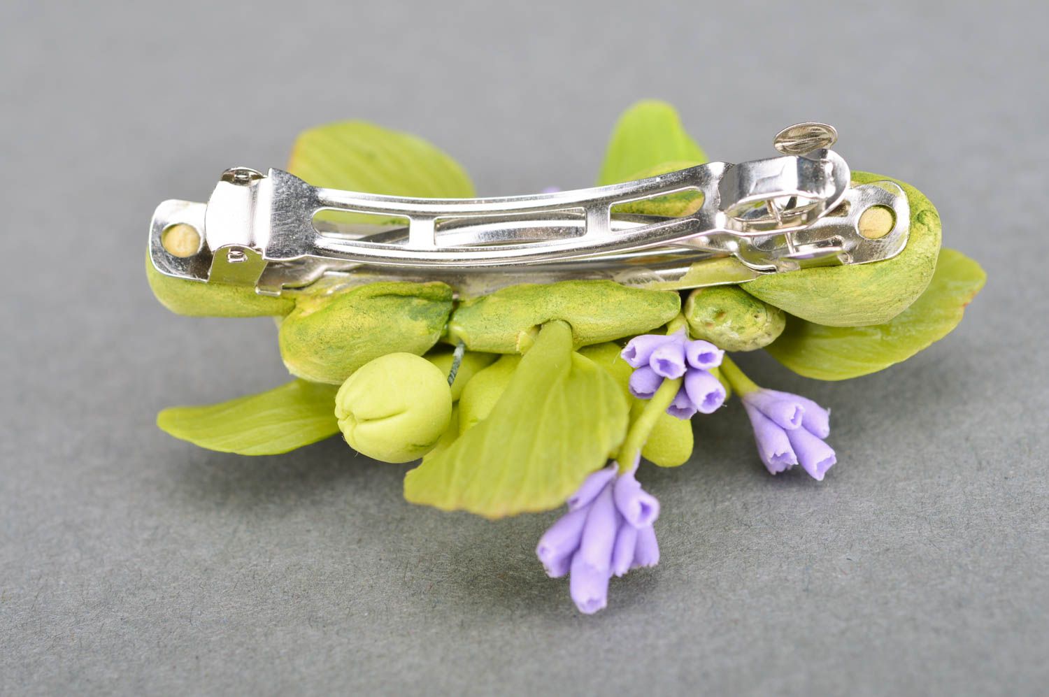Handmade hairpin with polymer clay flower green and purple photo 5