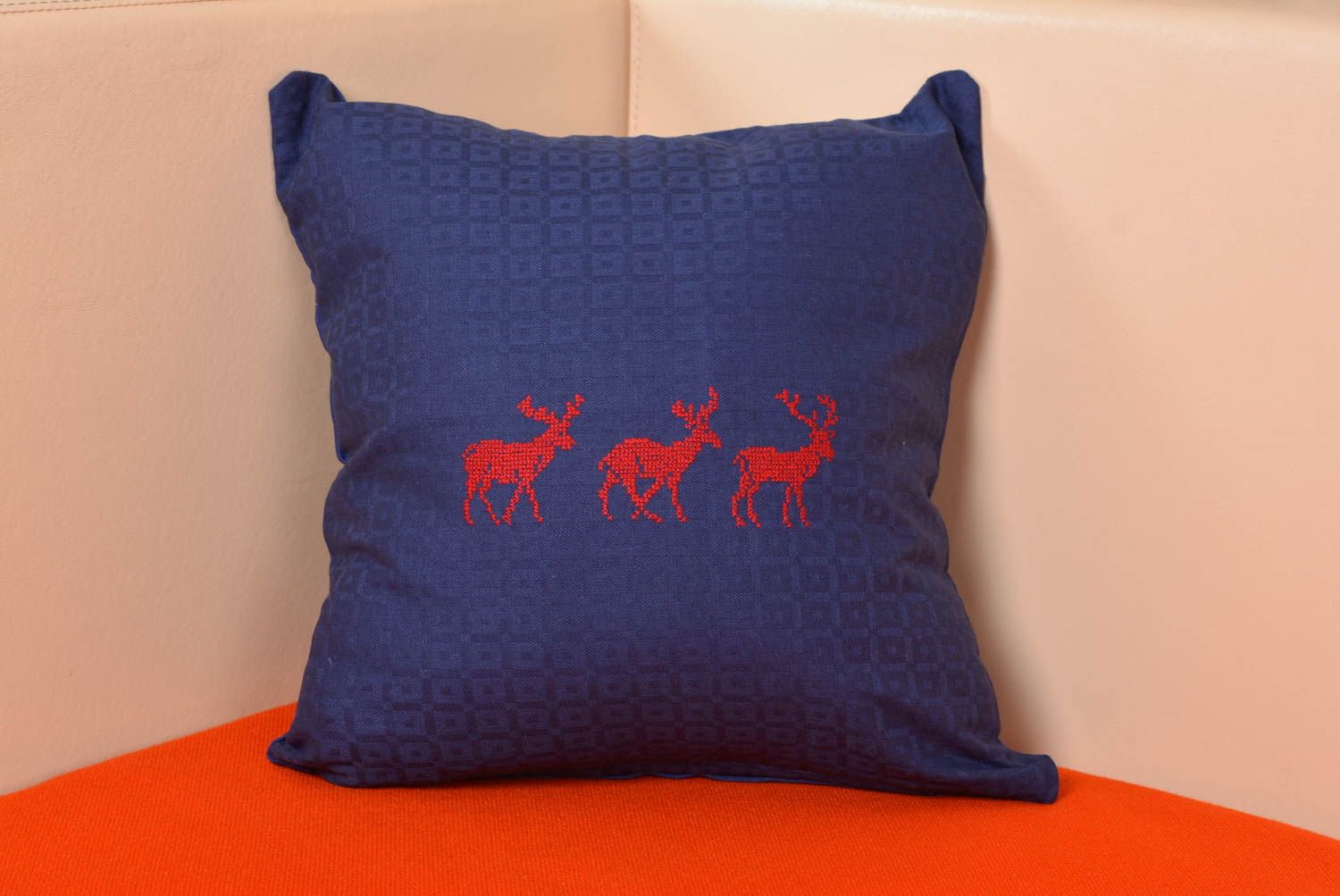 Handmade blue pillow case made of satin with embroidered deer photo 1