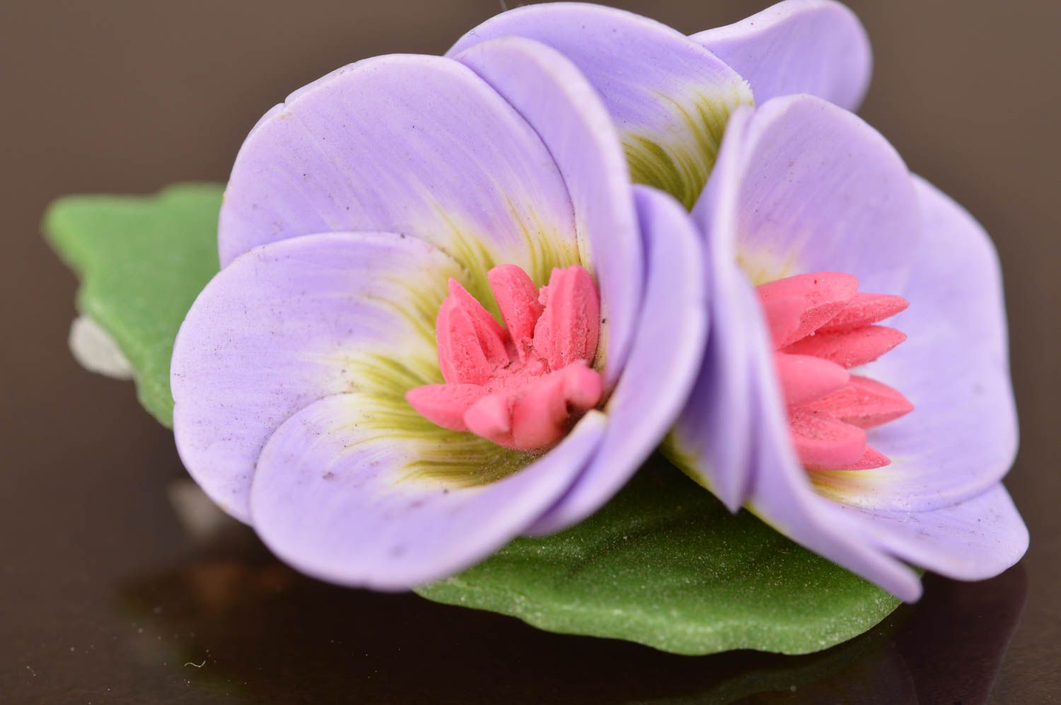 Unusual beautiful handmade designer lilac polymer clay flower brooch photo 3
