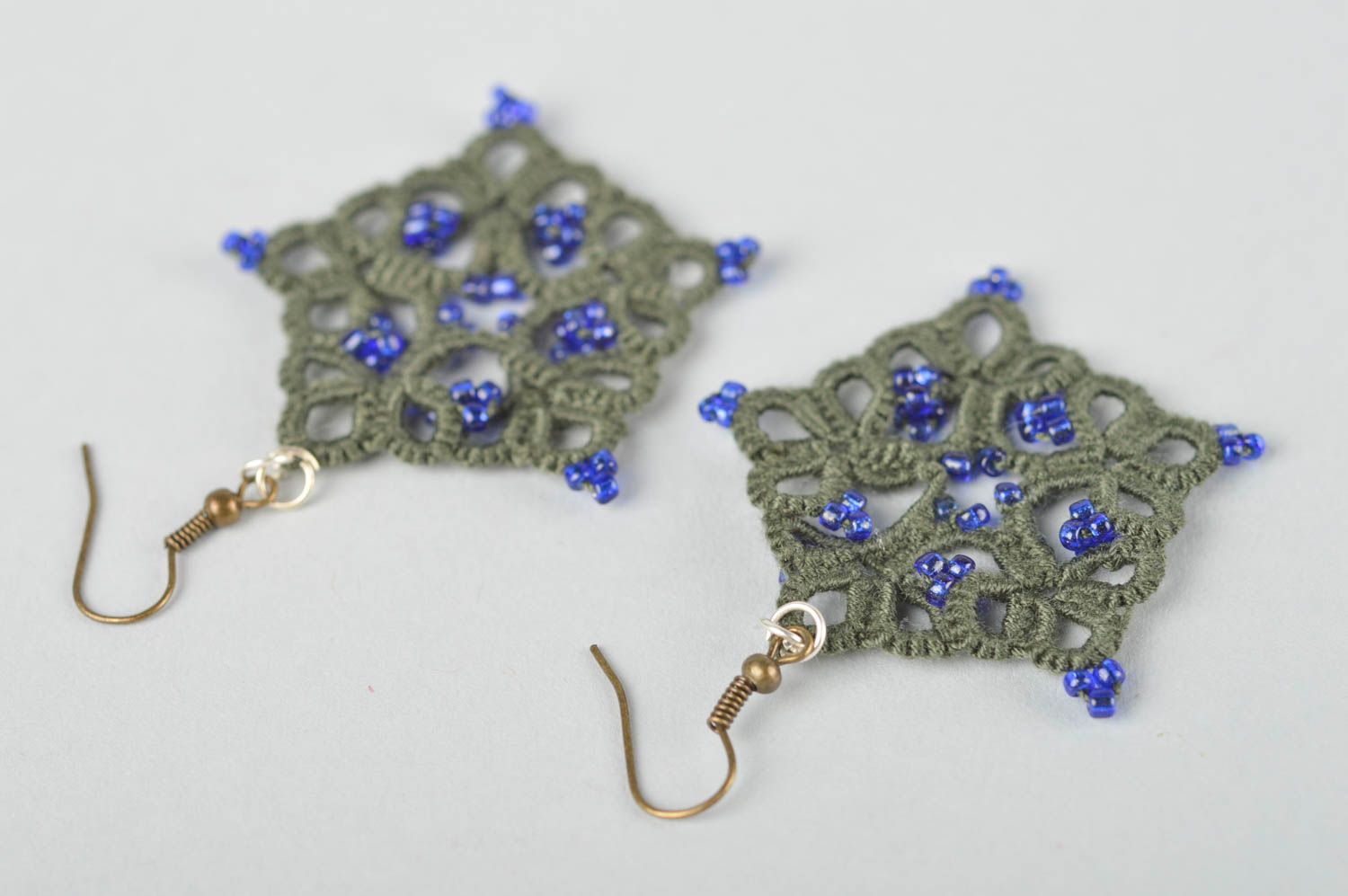 Handmade lace earrings stylish green jewelry unusual designer accessories photo 3