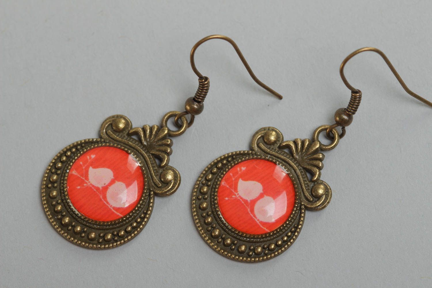Handcrafted long red earrings in vintage style made of glass glaze photo 2