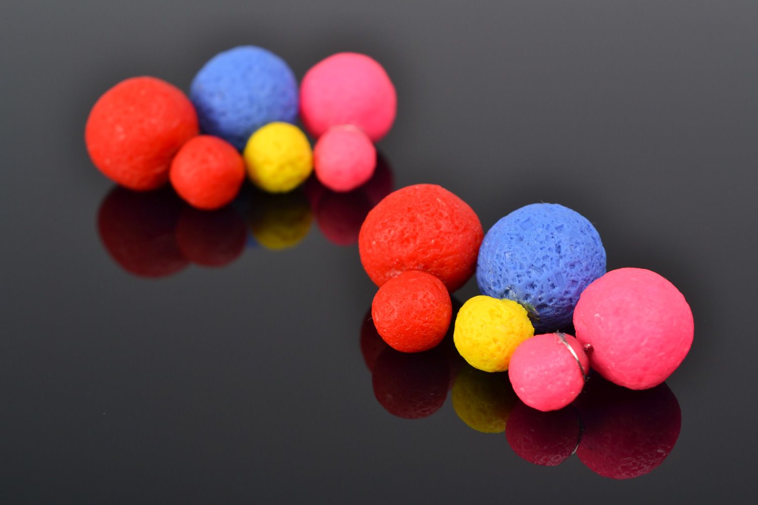 Handmade polymer clay stud earrings of round shape of bright colors set of 3 pairs photo 1
