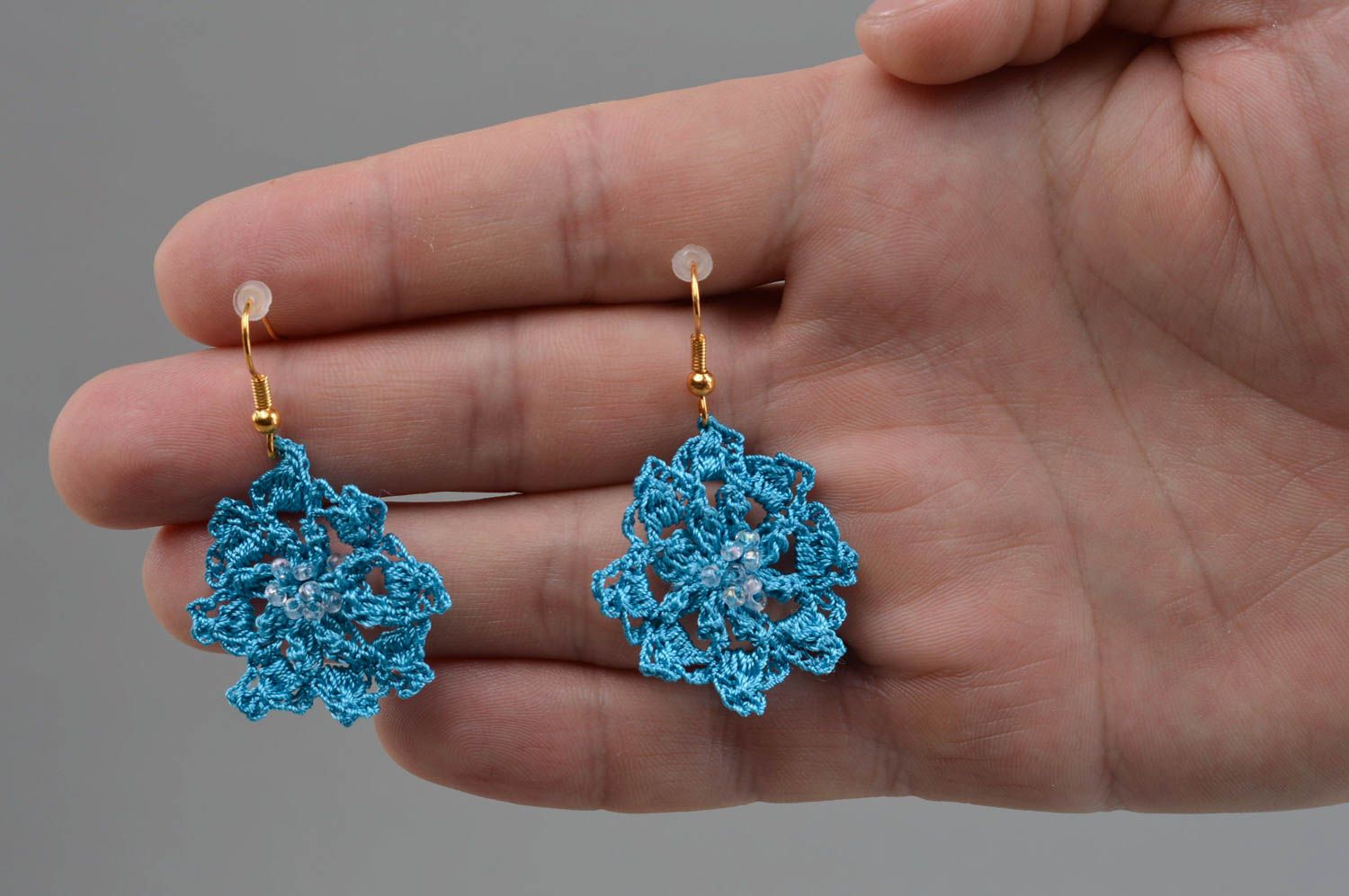 Handmade textile earrings made of cotton and synthetics with blue beads photo 4