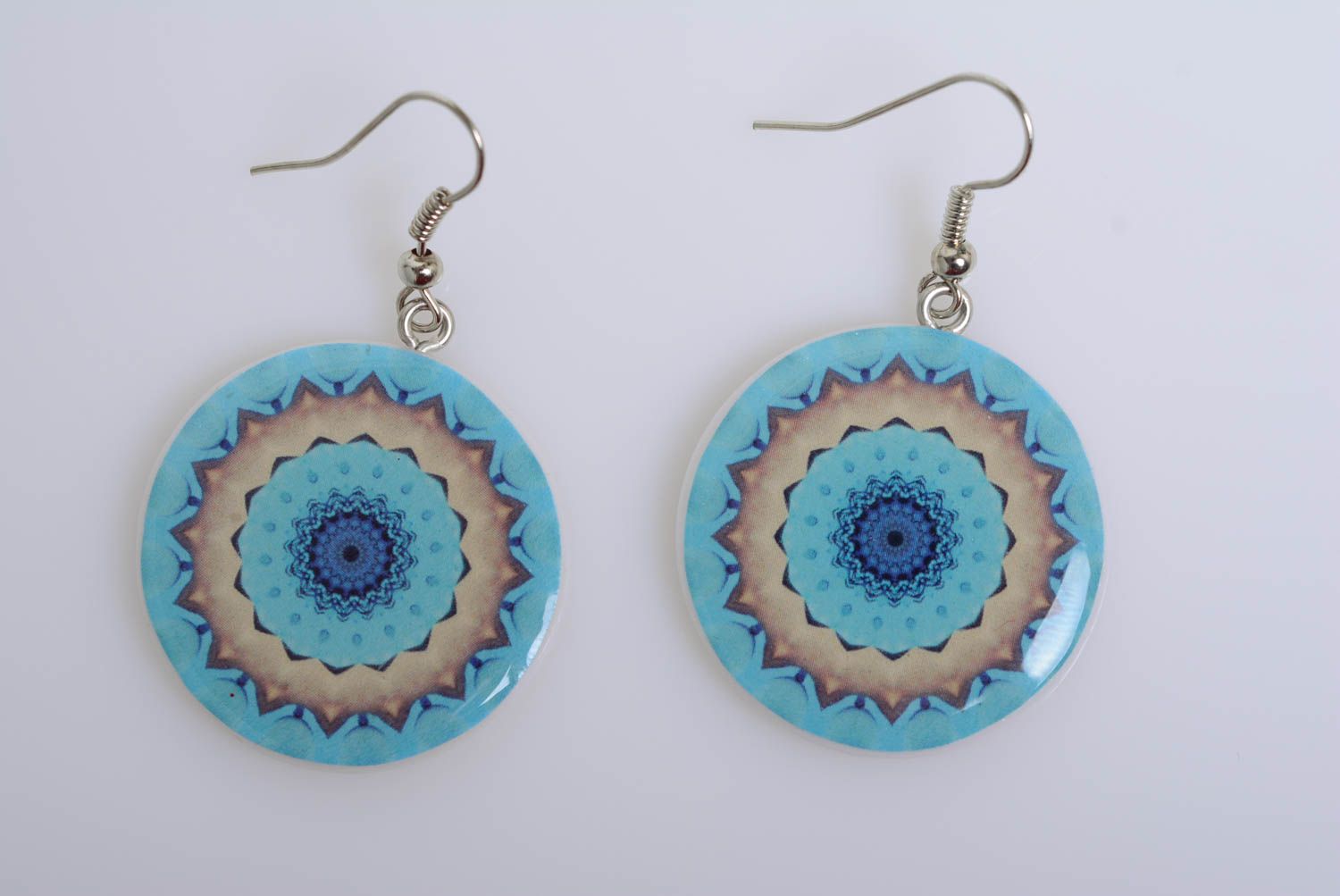 Bright blue handmade decoupage earrings molded of polymer clay with ornament photo 5