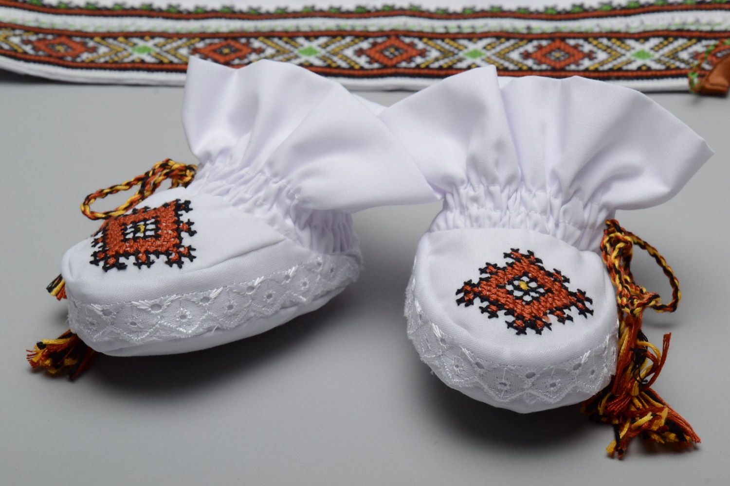 Set of handmade baby boy clothes shoes hat shirt and trousers in Ukrainian style photo 2