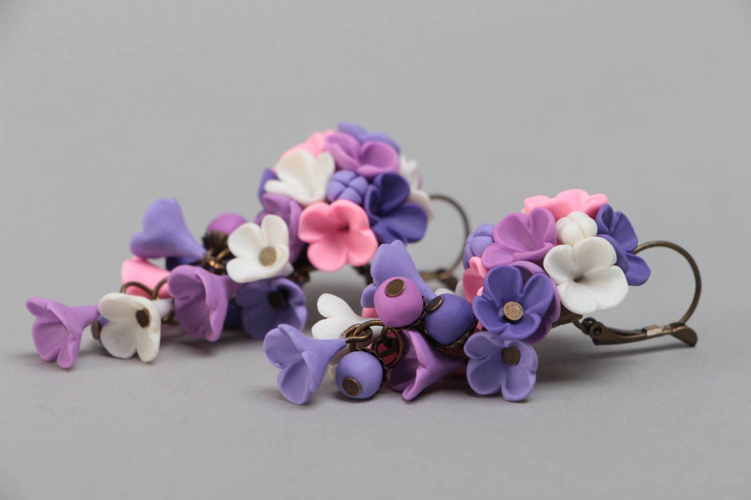 Handmade designer dangle earrings with pink and violet polymer clay flowers photo 3