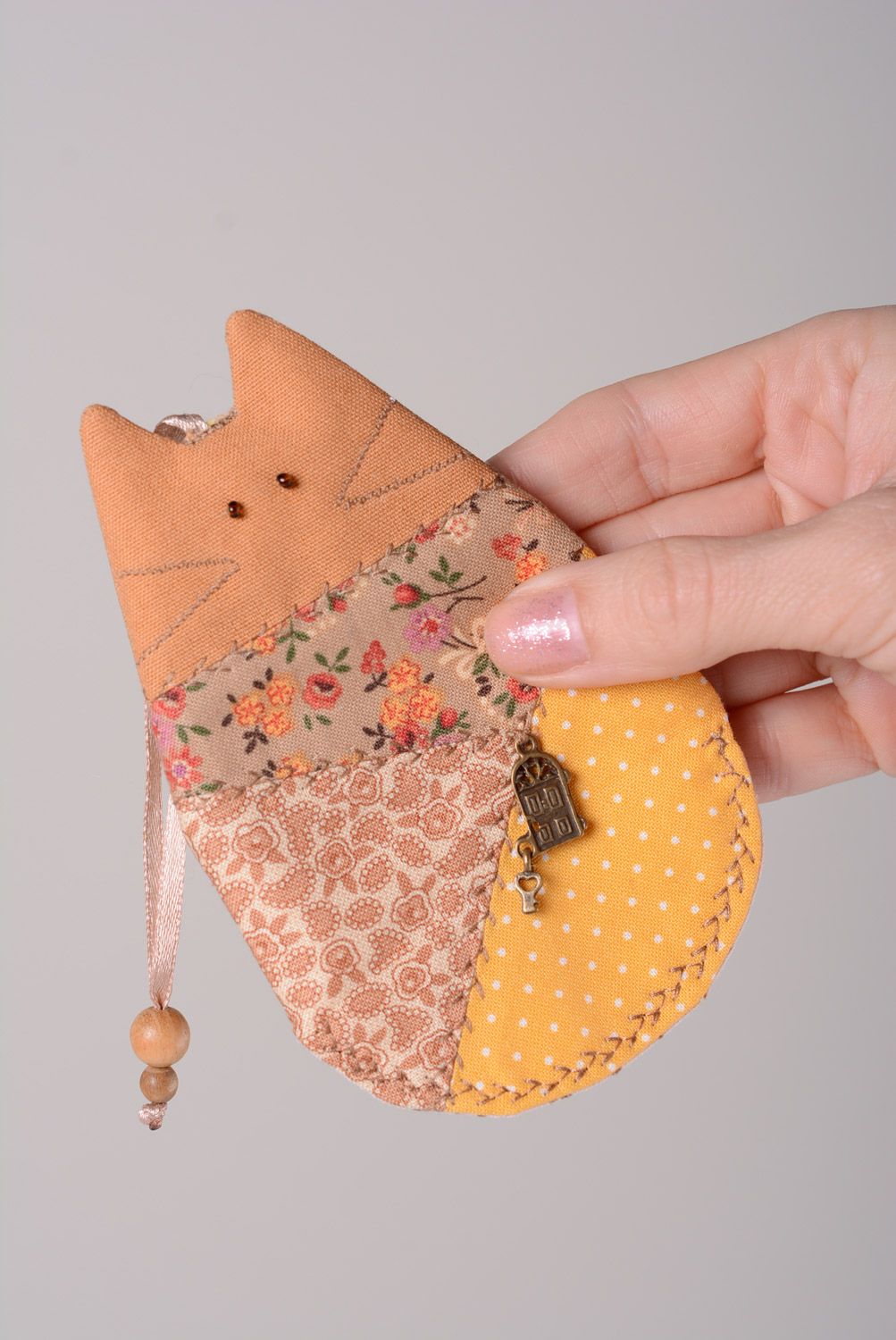 Handmade designer key case sewn of cotton fabric in the shape of a kitten photo 3