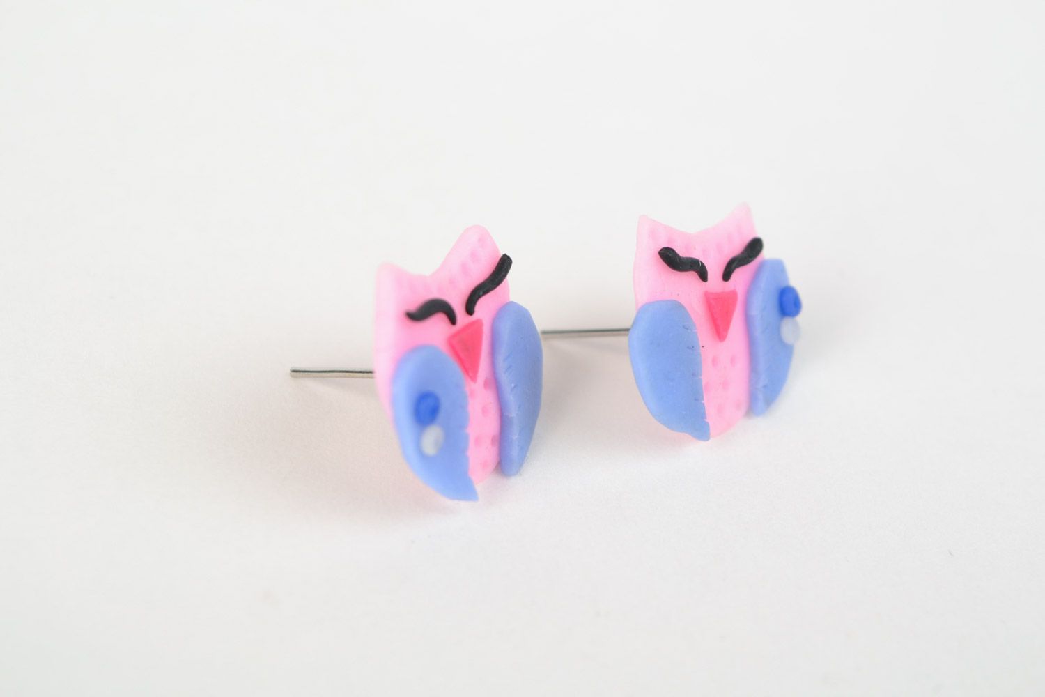 Small handmade polymer clay stud earrings in the shape of pink and blue owls photo 5