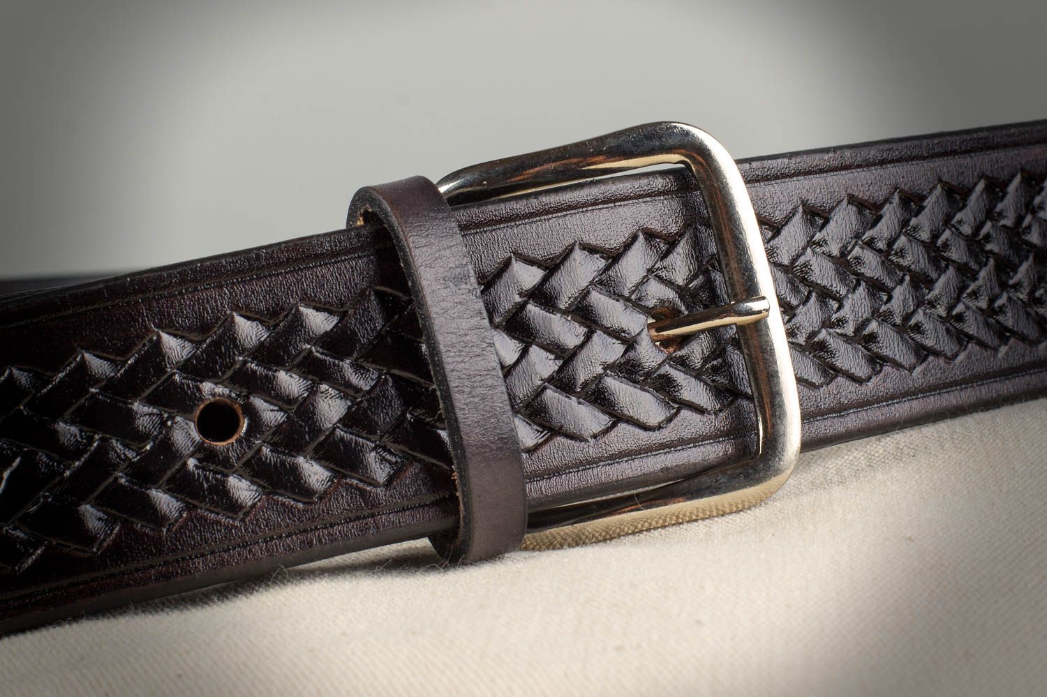 Handmade dark genuine leather men's belt with steel buckle and embossing photo 1