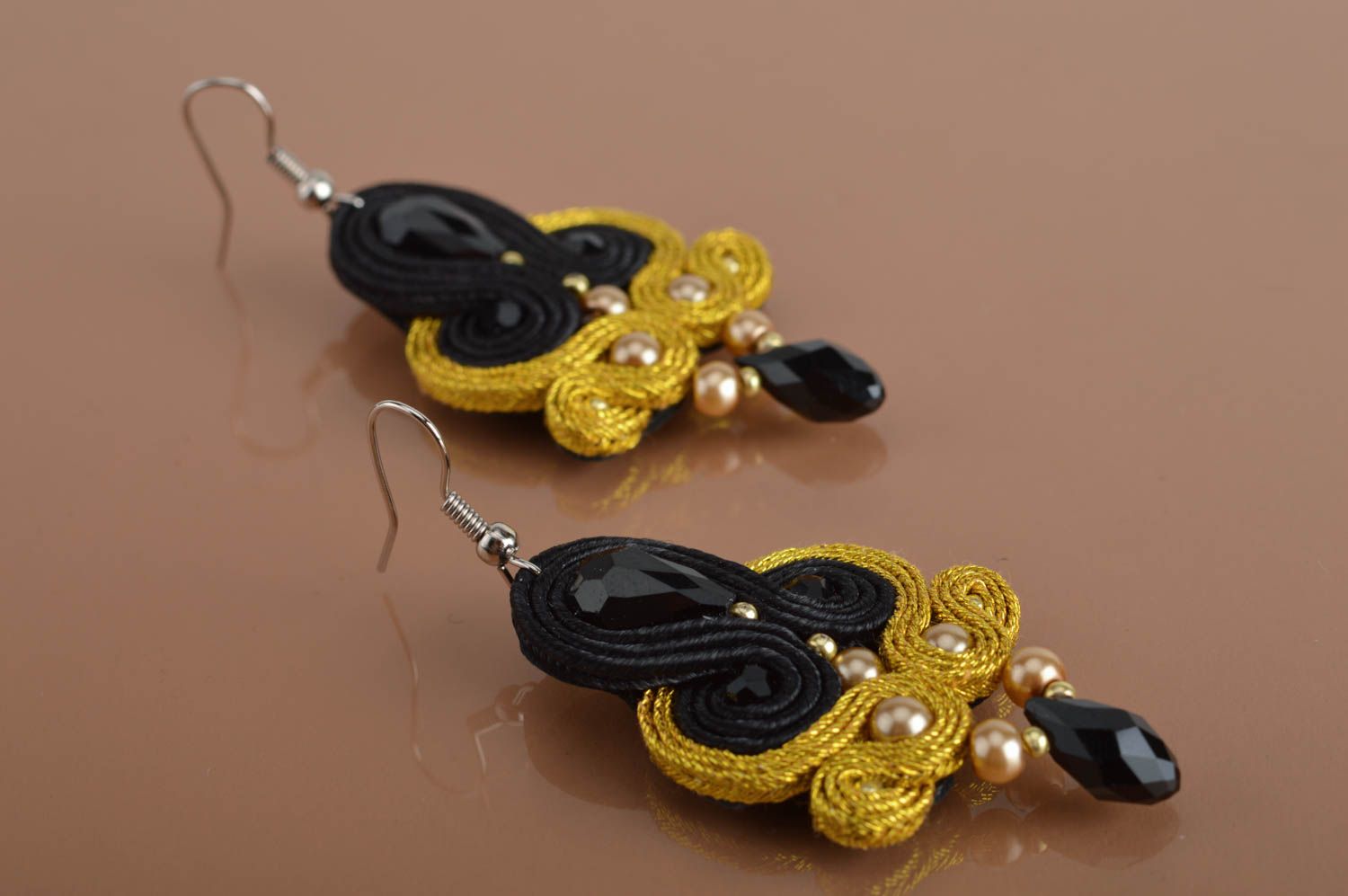 Black and gold handmade designer elegant dangle earrings with crystals photo 5