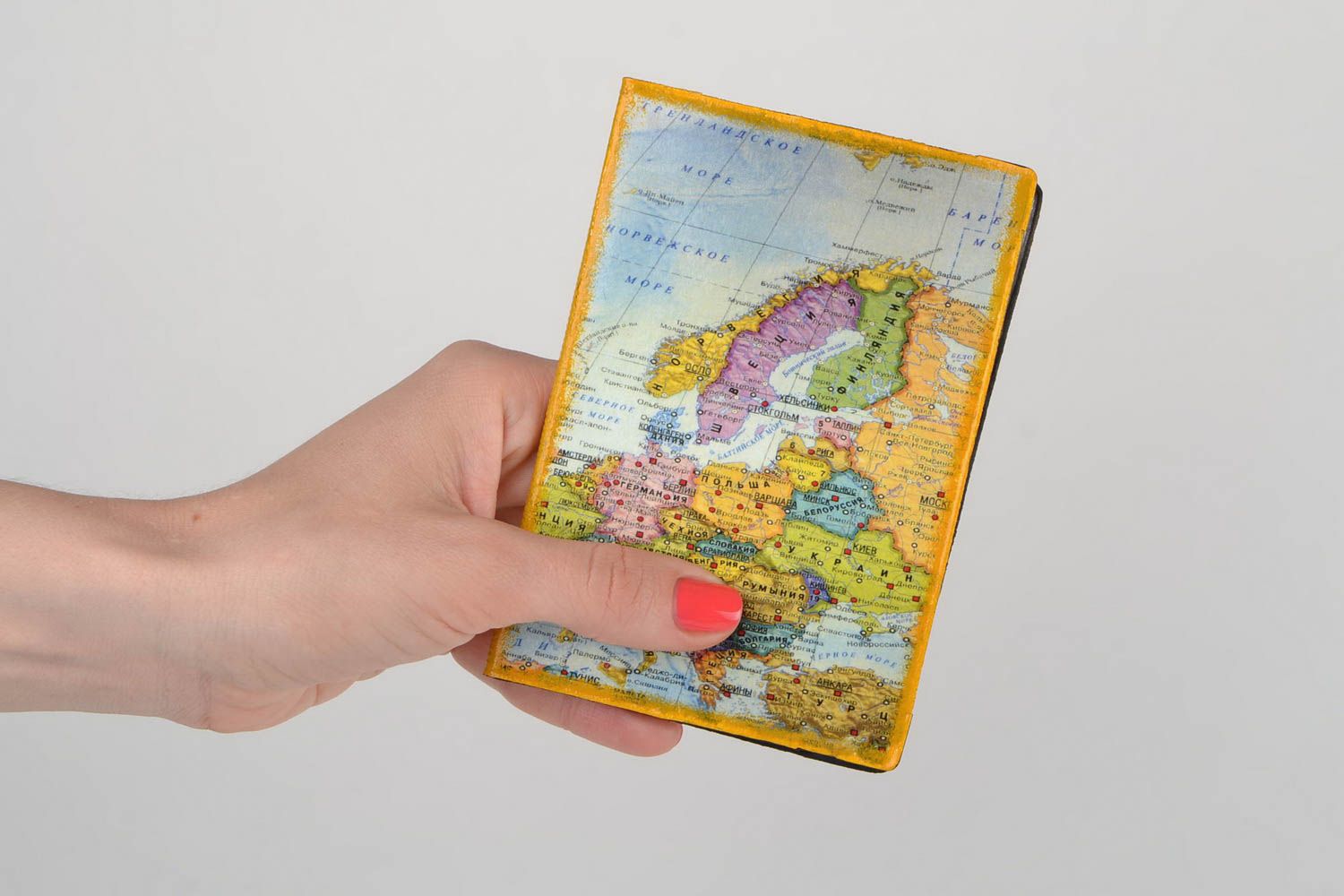 Handmade designer decoupage faux leather passport cover with map of the world photo 2