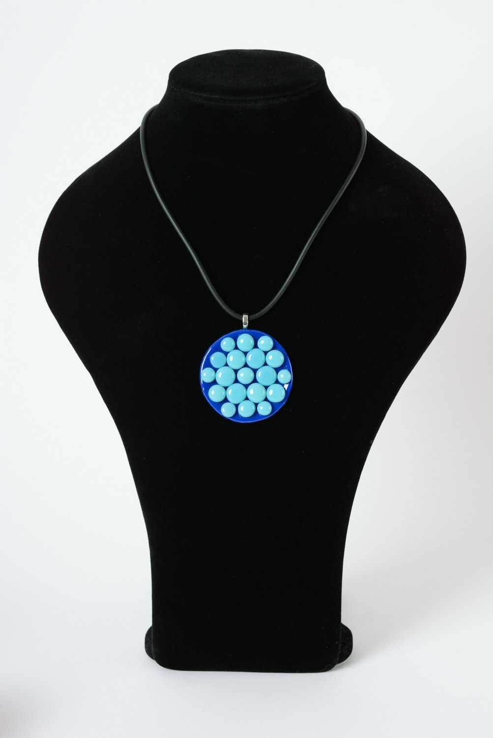 Handmade women's fused glass round pendant of blue color photo 2