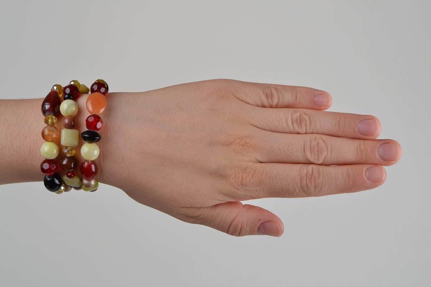 Handmade designer colorful bright wide wrist bracelet with natural stones beads photo 2