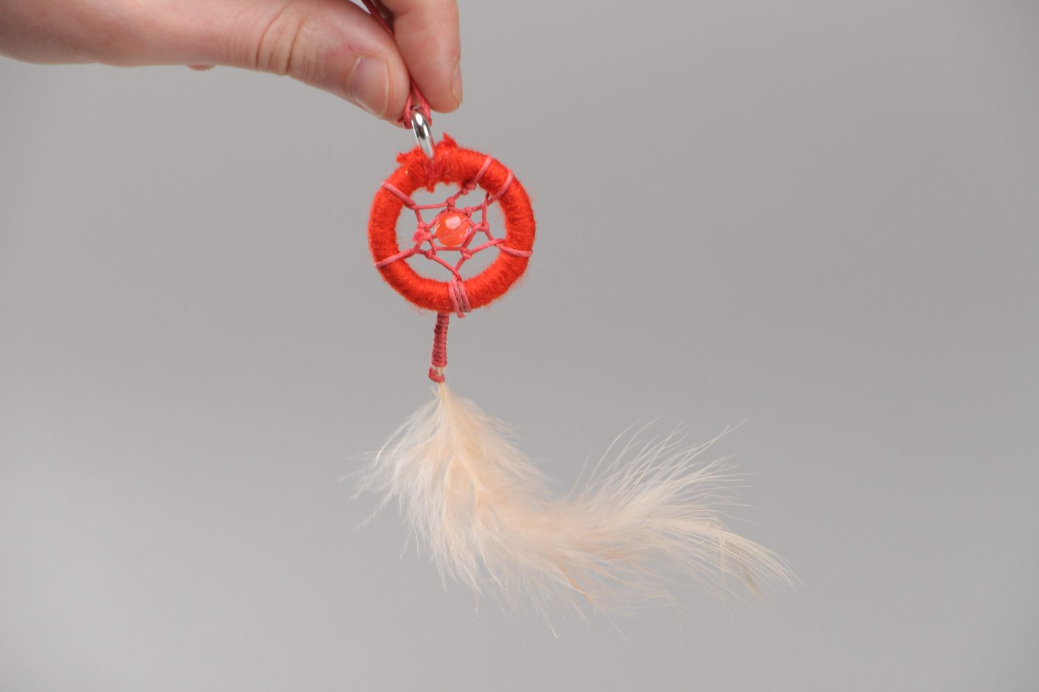 Handmade dreamcatcher pendant necklace of red color with natural feather for women photo 5