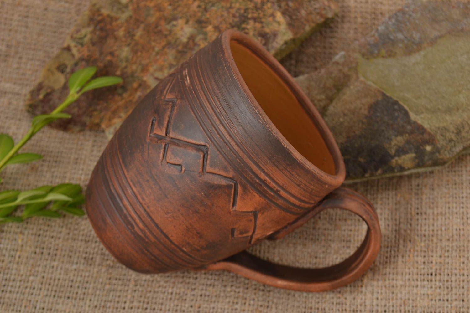 Handmade dark brown clay tea mug with handle 0,6 lb photo 1