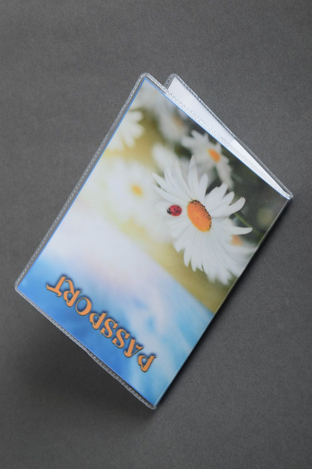 Cute handmade plastic passport cover with photo print of large chamomile  photo 2