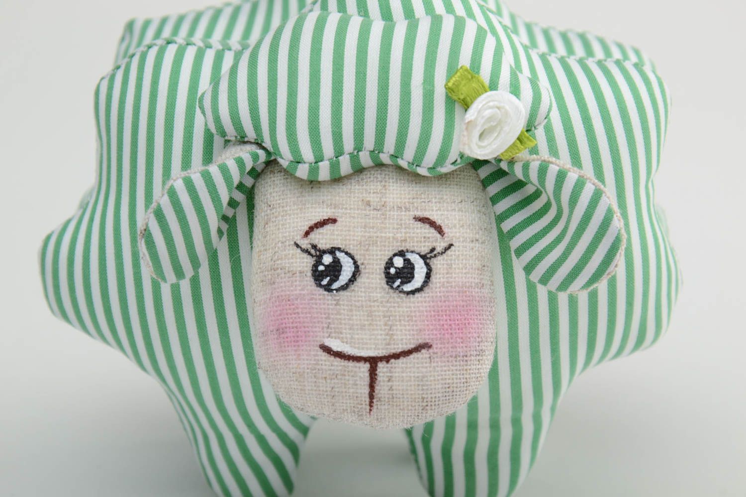 Handmade small soft toy sewn of white and green striped linen fabric cute lamb photo 3