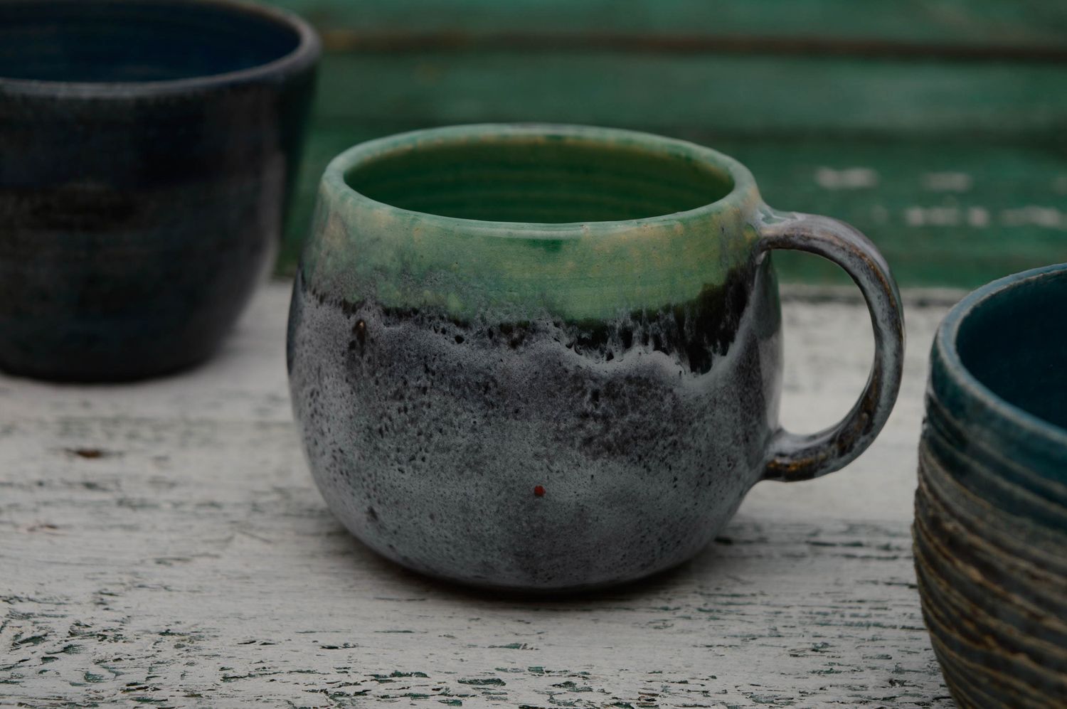 5 oz ceramic glazed art coffee cup in gley and turquoise color photo 1