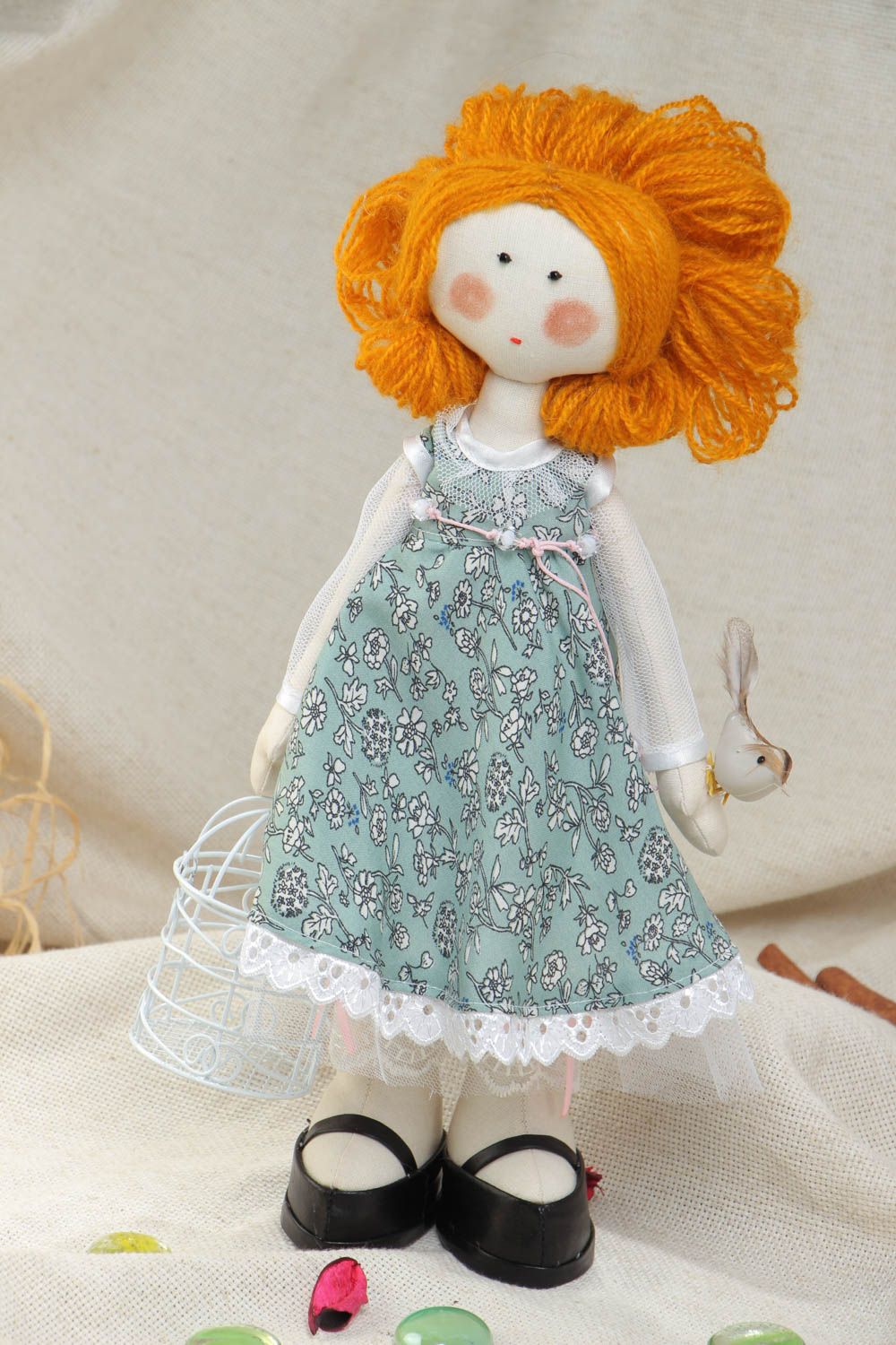 Handmade collectible cotton fabric soft doll with bird for girl and interior decor photo 1