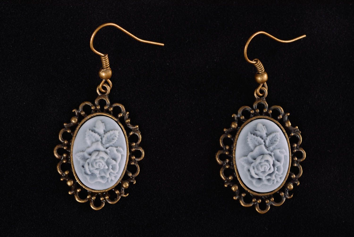 Handmade designer polymer clay cameo oval dangling earrings with metal frame photo 5