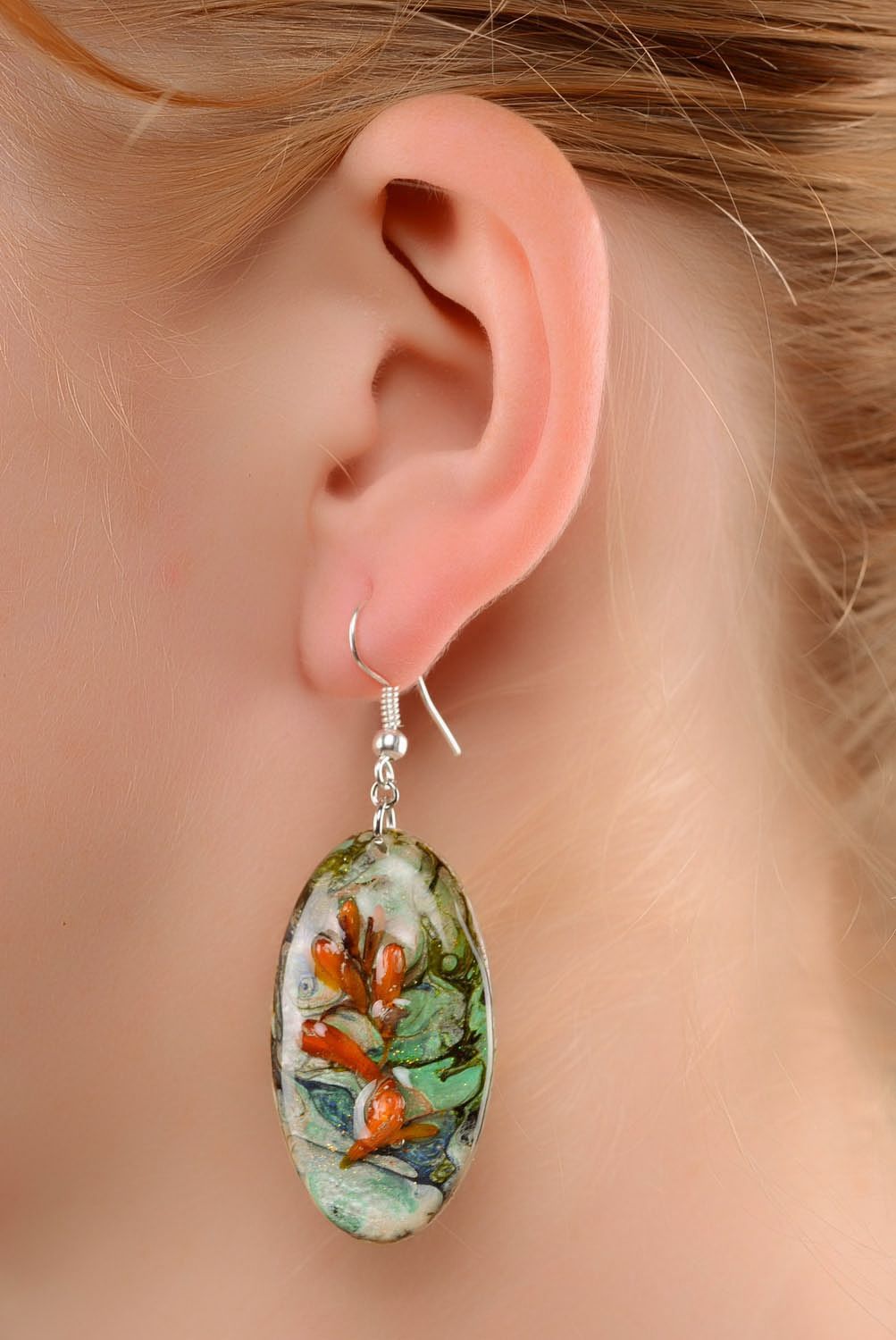 Lange ovale Ohrringe mit Strohblumen Malachit-Gladiole foto 3