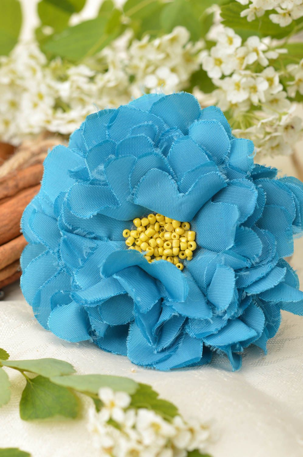 Beautiful blue textile handmade brooch hair clip made of artificial flowers photo 1