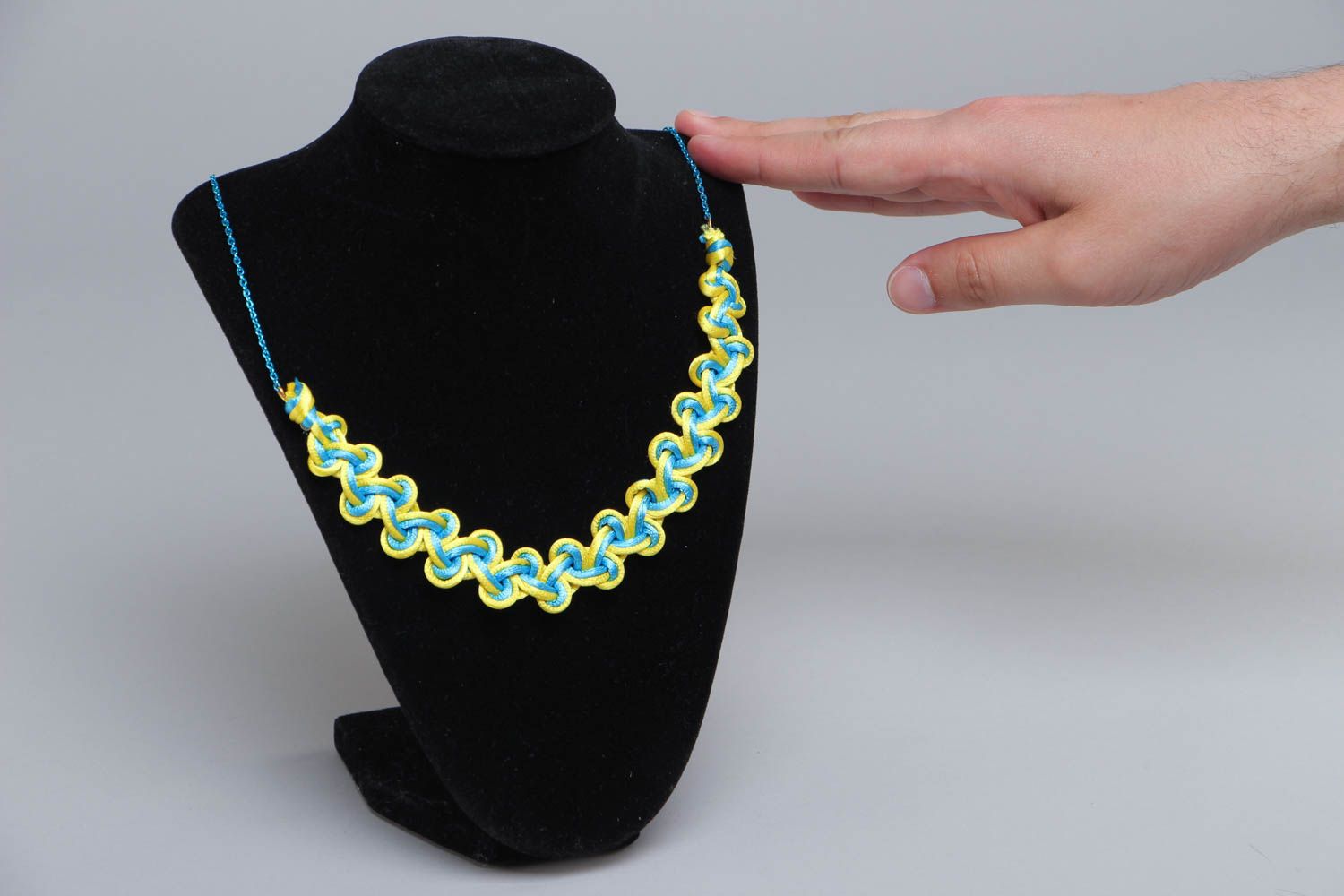 Handmade textile woven necklace made of textile cords yellow-blue summer jewelry photo 5