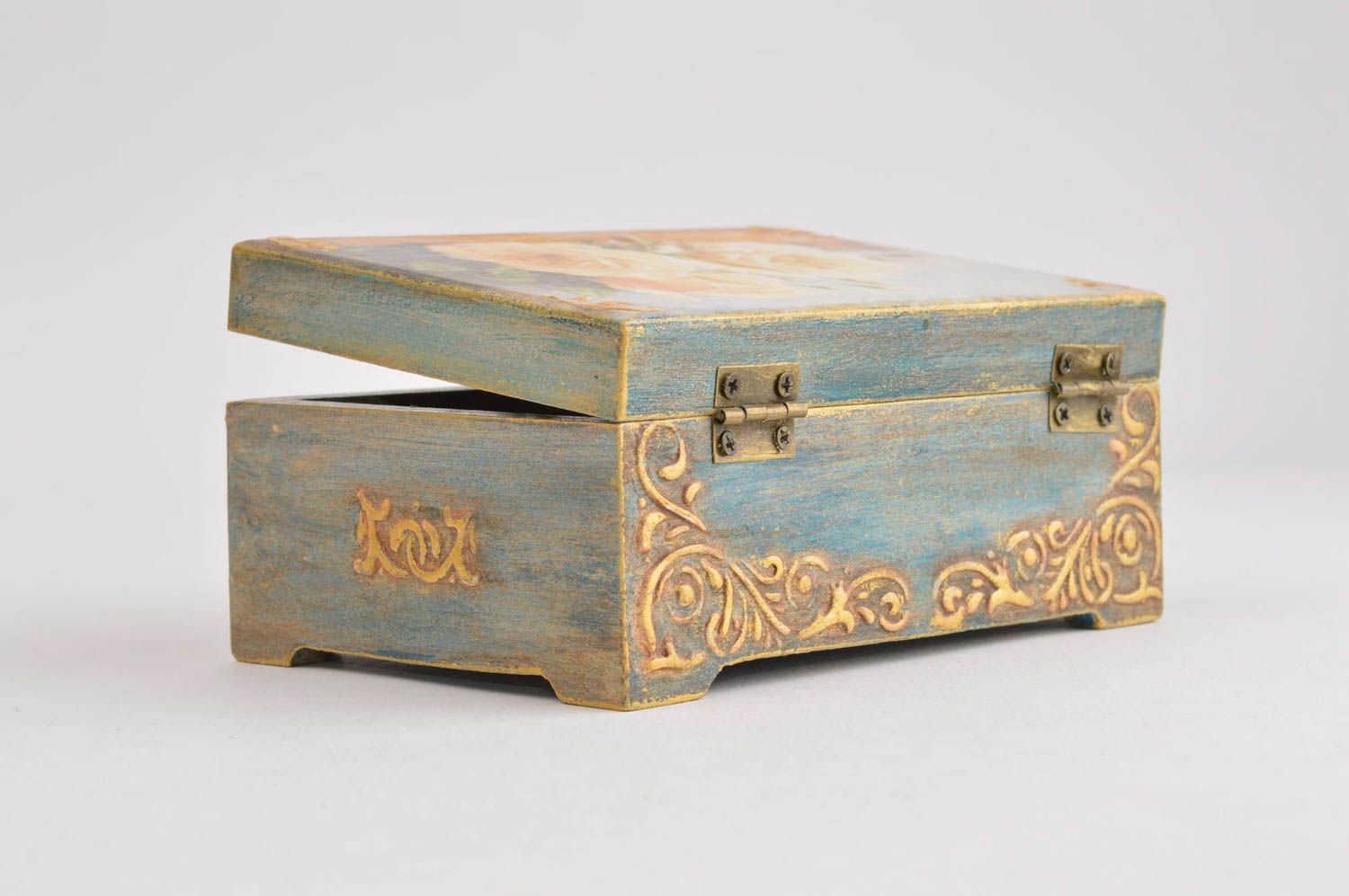 Caja de madera decorada hecha a mano decoración de interior joyero original foto 3