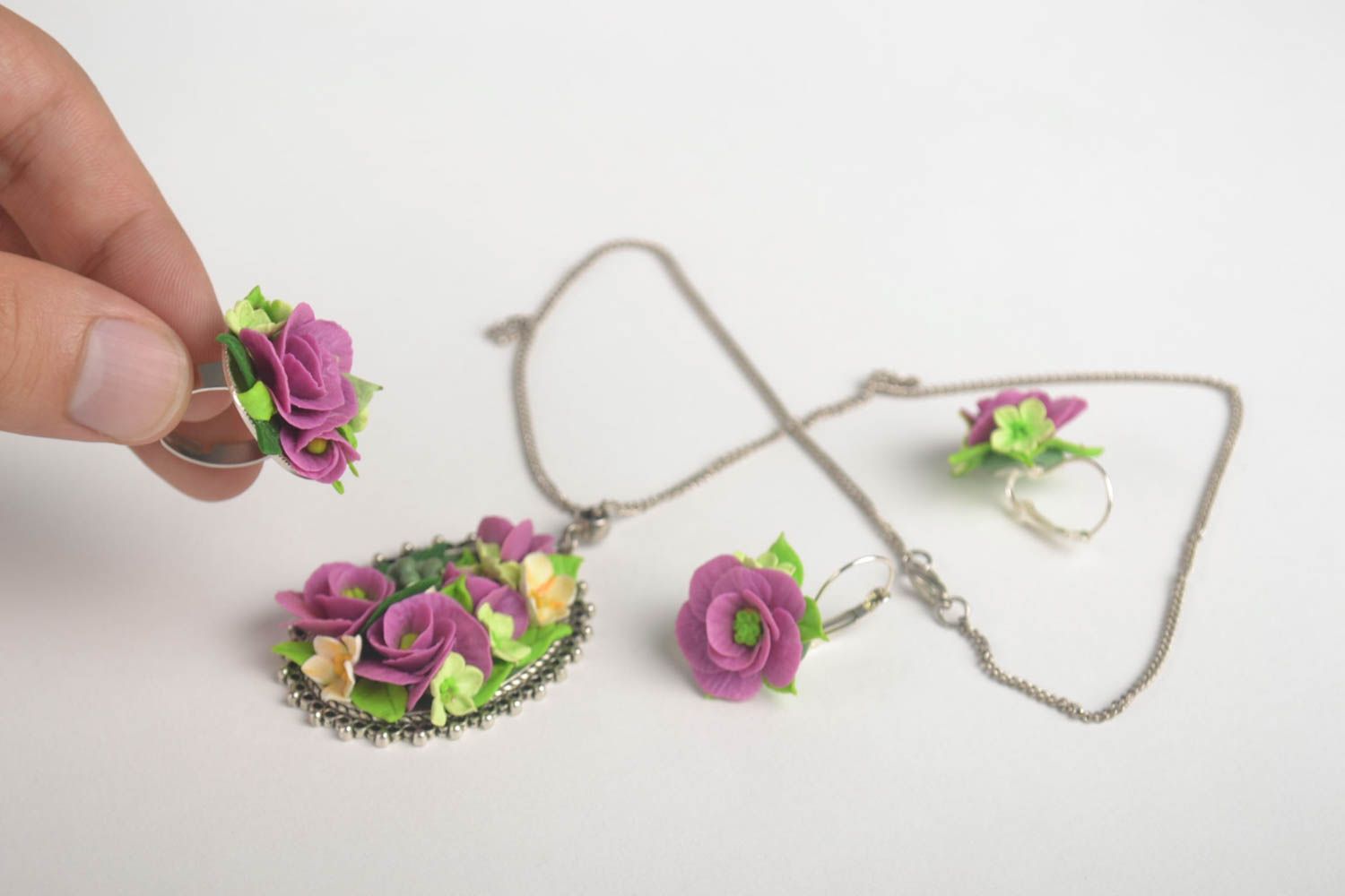 Handmade Schmuck Set Mode Accessoires Modeschmuck Ohrringe Anhänger Ring Blumen foto 5