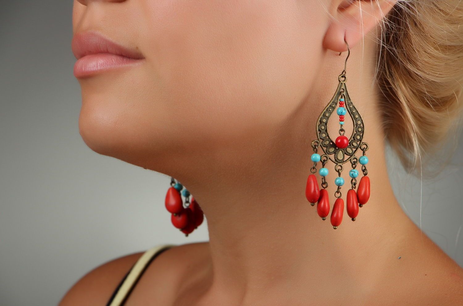 Earrings made from corals and turquoise photo 4