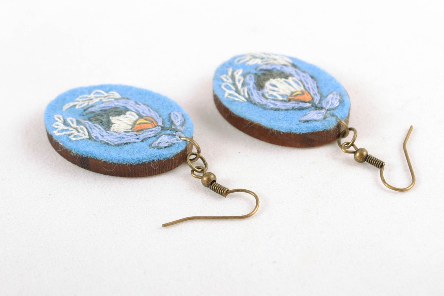 Designer oval earrings with embroidery of blue color photo 5