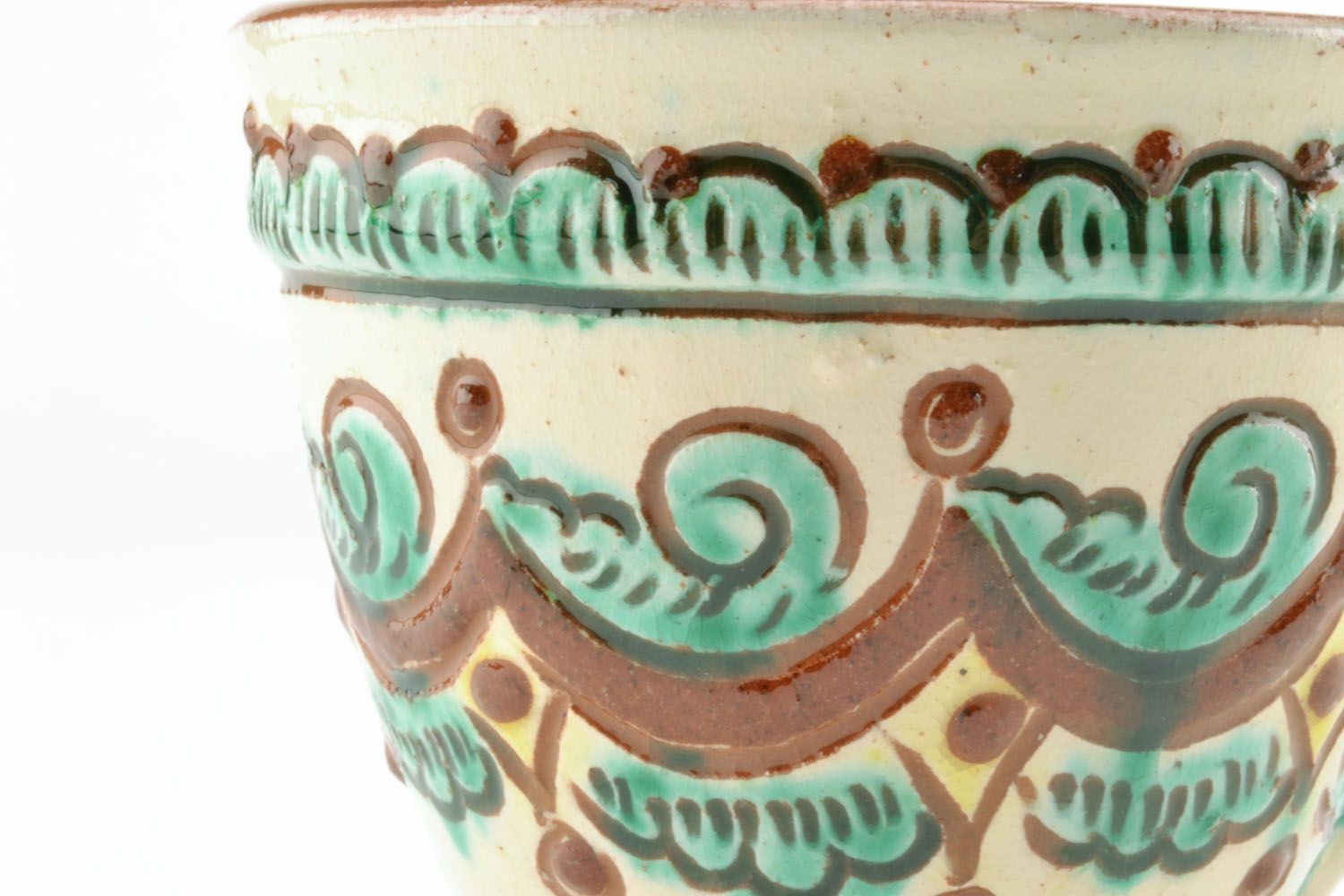 Medium size 6 oz clay glazed art decorative coffee cup in beige and green color with handle photo 3