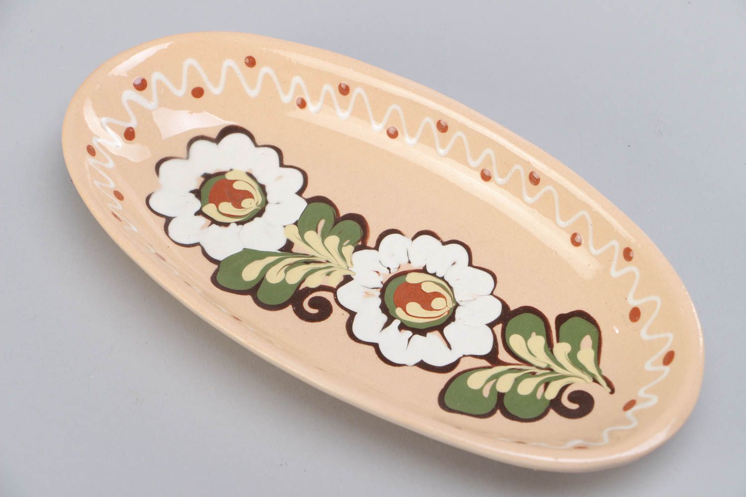 Handmade narrow long plate painted with colorful glaze for serving fish  photo 3
