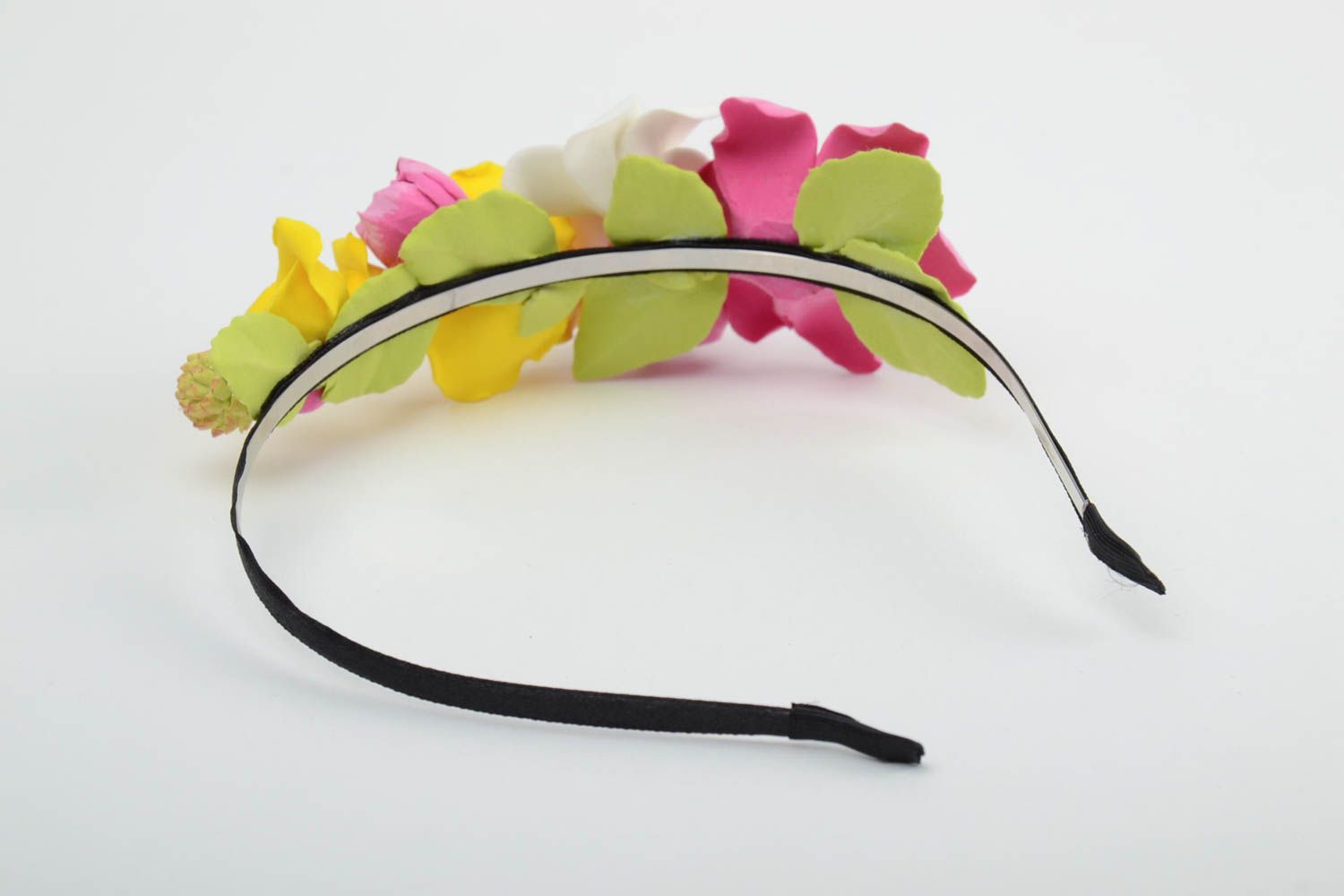 Handmade tender decorative thin headband with colorful polymer clay flowers photo 5