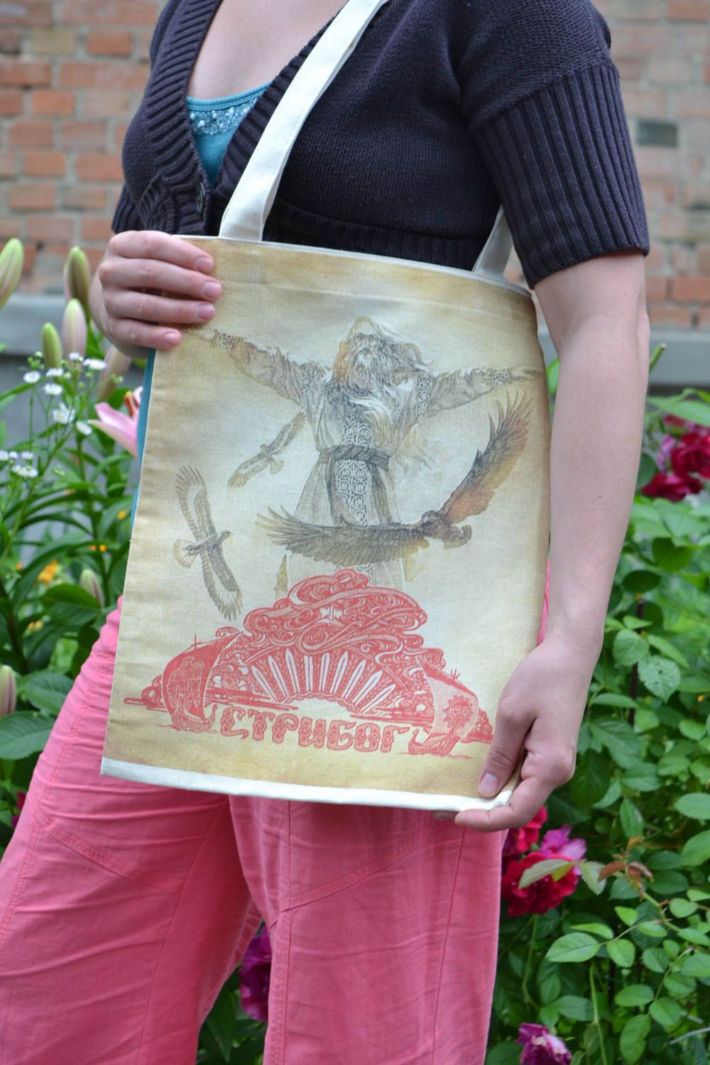 Handmade Öko Tasche aus Stoff mit Print originell groß aus Baumwollstoff foto 1