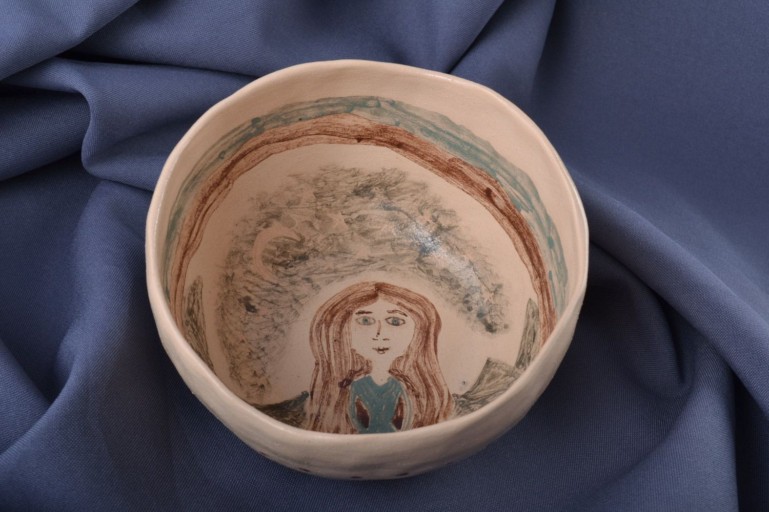 Unusual handmade white clay bowl painted with engobes 0.3 l photo 1