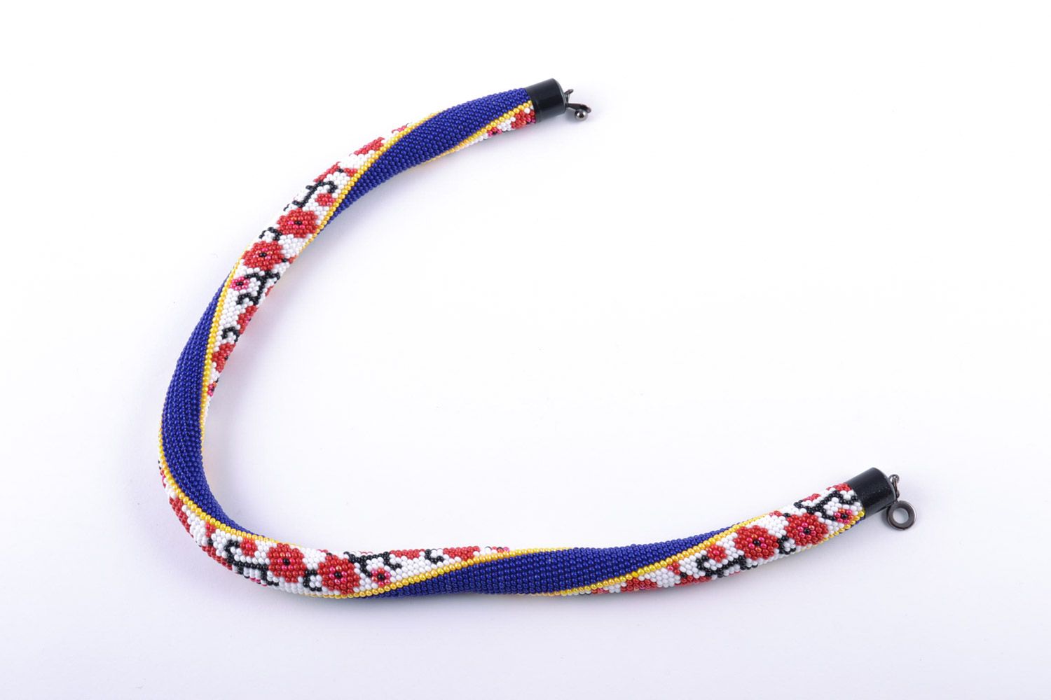 Collar de abalorios checos artesanal azul con flore rojas  foto 4