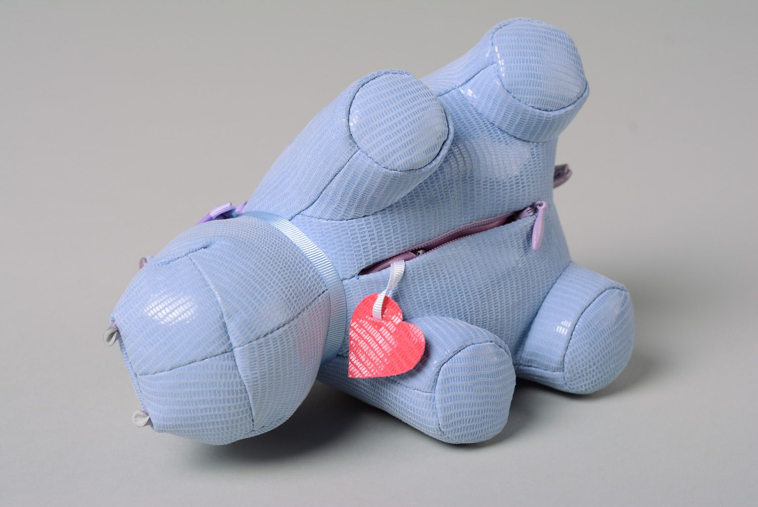 Handmade interior leather soft toy in the shape of hippo with pocket of blue color photo 3
