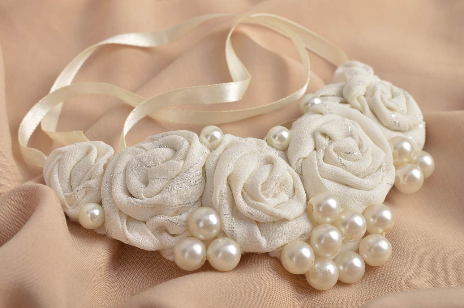 Handmade designer festive necklace textile elegant necklace white accessory photo 1
