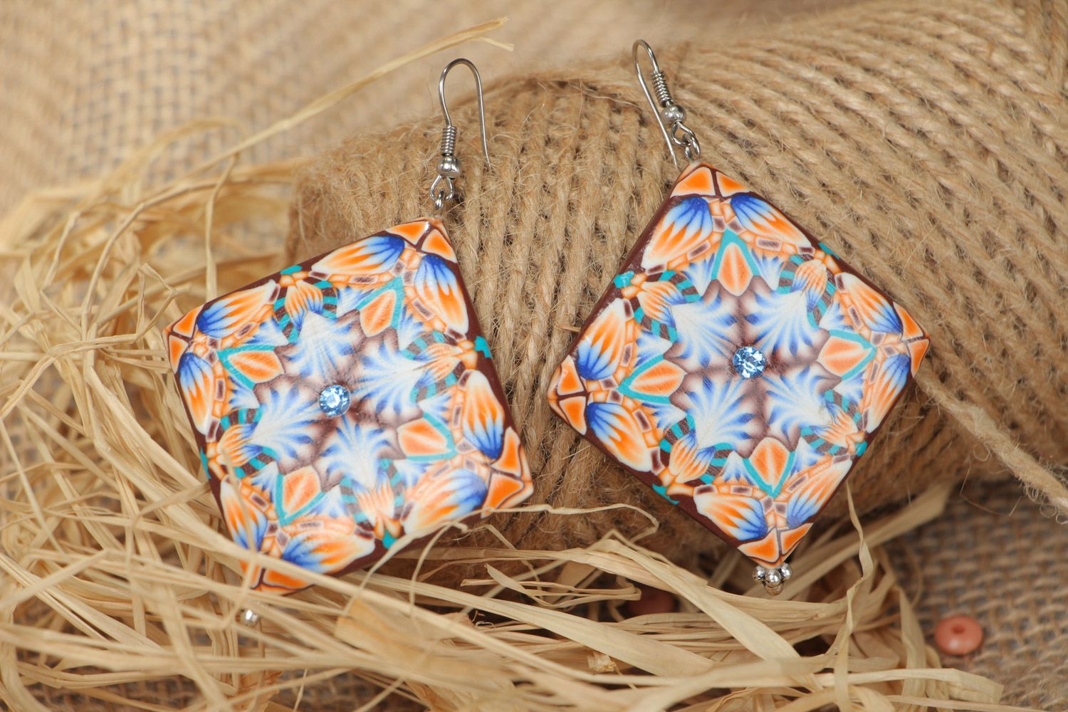 Handmade colorful designer square earrings made of polymer clay gift for girl photo 1