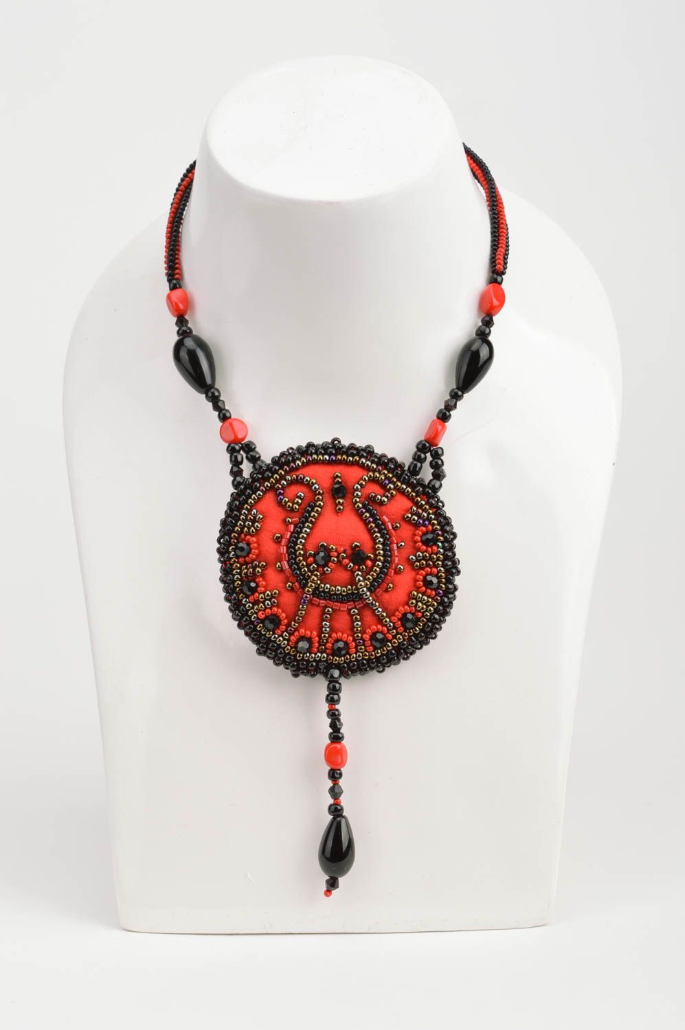 Handmade elegant bead embroidered pendant necklace massive red and black photo 1