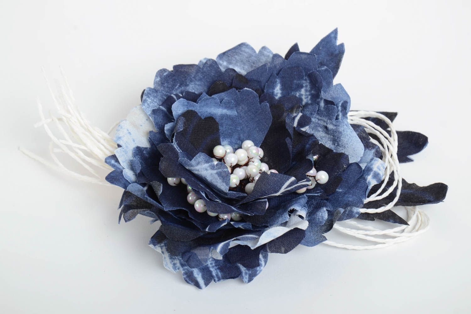Handmade designer hair clip brooch with blue cotton flower with white cords photo 2