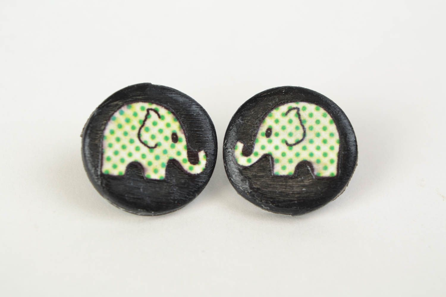 Handmade stud earrings made of polymer clay round shape with decoupage photo 1